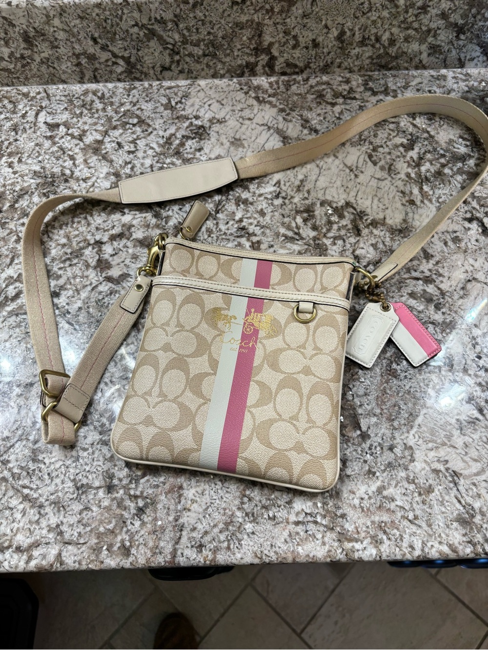 Coach Beige Signature Crossbody with Pink and Cream Center Stripe